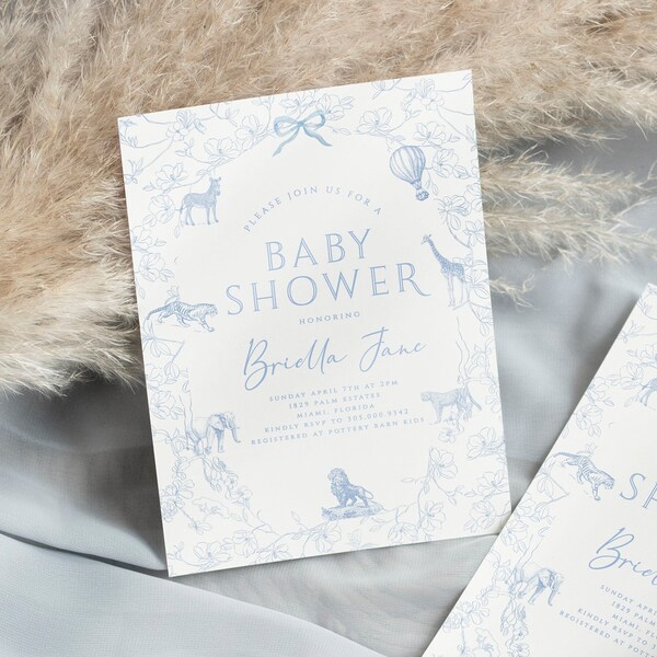 Safari Toile Baby Shower Invitation, Editable Blue Boy Baby Shower, Elegant Safari Animals Baby Shower Invite Printable [STB]