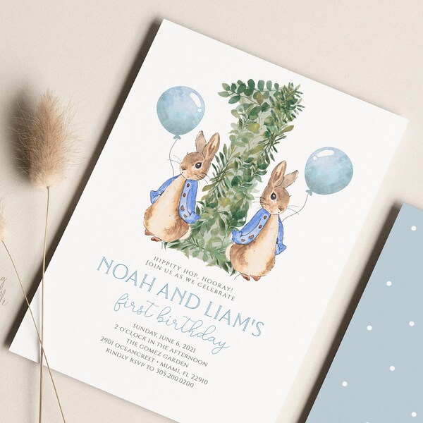 Twin Boys Birthday Invitation, Twins Peter Rabbit Birthday Invitation Printable, 1st Birthday Peter Rabbit Editable Template Party Decor