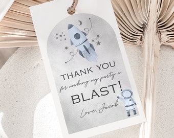 Editable Space Birthday Favor Tag, Blue Modern Thank You for a Blast Favors, Boy Astronaut Treat Bag Tags Template Instant [ABD]