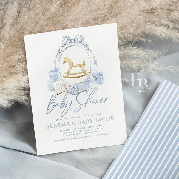 Blue Boy Baby Shower Invitation Editable, Rocking Horse Dusty Blue Invite, Striped Crest Whimsical Preppy Invite for Boys Decor DIY [NTN]