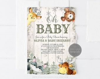 Woodland Baby Shower Invitation Editable, Printable Gender Neutral Woodland Baby Shower invite, Green Baby Shower Woodland Animals Instant