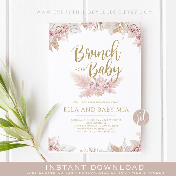 Brunch Baby Shower Invitation Girl Instant Download, Editable template Boho Chic Baby Shower, pink and gold pampas grass invitation 021