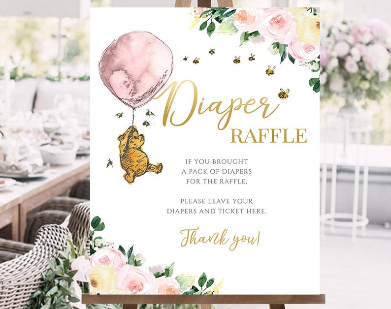 Winnie the Pooh Printable Sign Diaper Raffle Winnie the Pooh Baby Shower Birthday Invitation Floral Girl Pink Pooh Printable