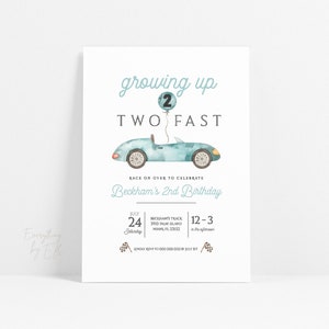 Growing Up TWO Fast Birthday Invitation Editable, Vintage Racer Birthday, Race Car Birthday Invitation Printable, Boy 2nd Birthday [38]