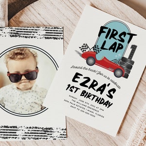 First Lap Around the Track Birthday Invitation, Editable Retro Race Car 1st Invite, Vintage Blue Red Car Boys Birthday Photo Instant [RFL]