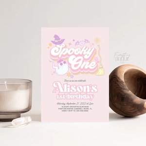 Spooky ONE Halloween Invitation Editable, Pink Groovy Halloween 1st Birthday Party Invite, Daisy Retro Girls Halloween Invite [HSO]