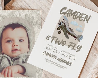 TWO Fly Birthday Invitation Editable, Airplane Birthday Invite, Boys 2nd Birthday Invite with Photo, Vintage Airplane Party Decorations