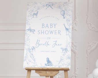 Safari Toile Baby Shower Welcome Sign, Editable Blue Boy Baby Shower, Elegant Safari Animals Baby Shower Printable Sign Template [STB]