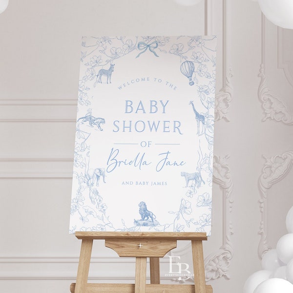 Safari Toile Baby Shower Welcome Sign, Editable Blue Boy Baby Shower, Elegant Safari Animals Baby Shower Printable Sign Template [STB]