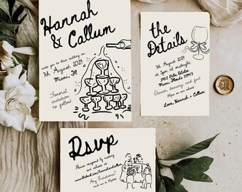 French Style Wedding Invitation Suite, Save The Date Handwritten Champagne Tower Invite, Hand Drawn Scribble Illustrations Quirky | 101