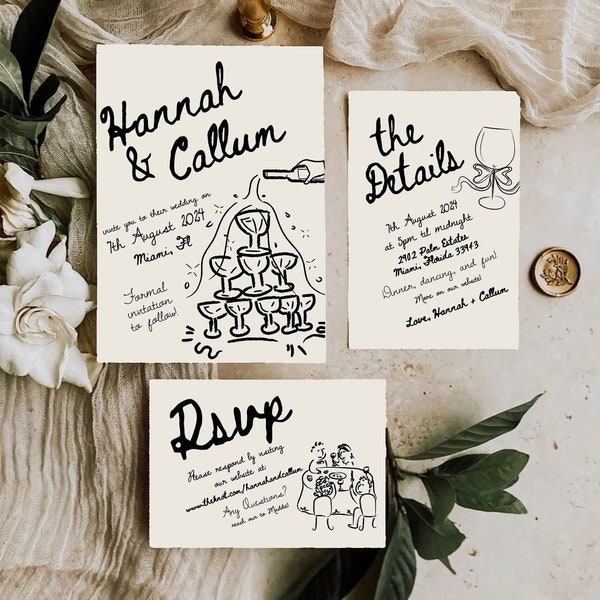 French Style Wedding Invitation Suite, Save The Date Handwritten Champagne Tower Invite, Hand Drawn Scribble Illustrations Quirky | 101