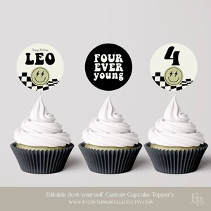 Retro Smiley 4th Birthday Cupcake Toppers Editable, FOURever Young Neutral Checkered Birthday Party Decor Printable [AOH]