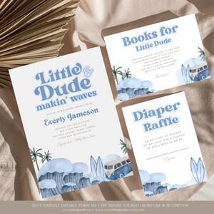 Little Dude Surf Baby Invitation Suite Editable, Blue Surf Baby Shower Package, Beach Baby on Board Shower Party Decor Printable [19]