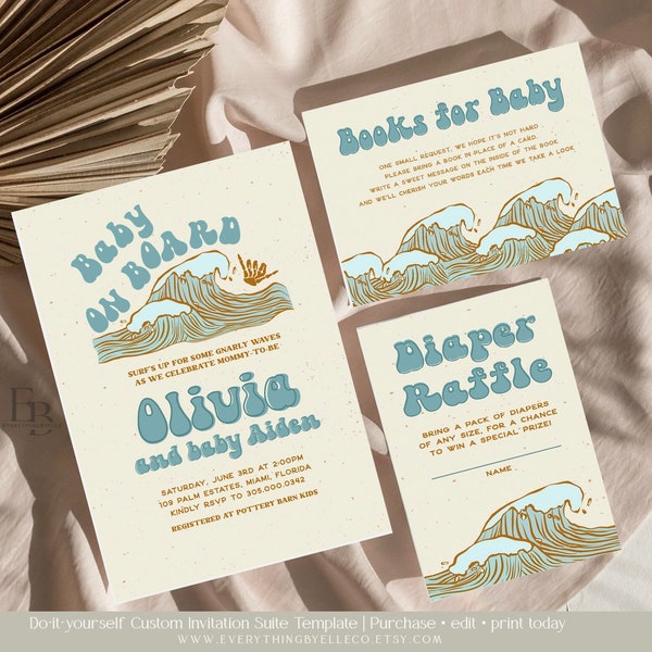 Baby on Board Invitation Suite Editable, Vintage Surf Baby Shower Invite, Beach Surfing Little Dude Shower Party Decor Printables [492]