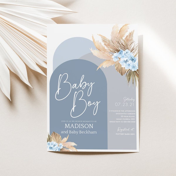 Blue Pampas Grass Baby Shower Invitation, Boy Editable Dusty Blue Baby Shower, Dried Floral Invite, Boho Dusty Blue Instant Template [56]