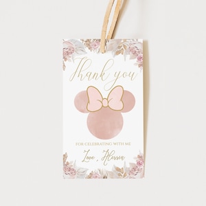 Boho Minnie Mouse Favor Tag Editable, Bohemian Minnie Birthday Favors, Floral Minnie Blush Printable Party Decor Gift Tag Instant [BM]