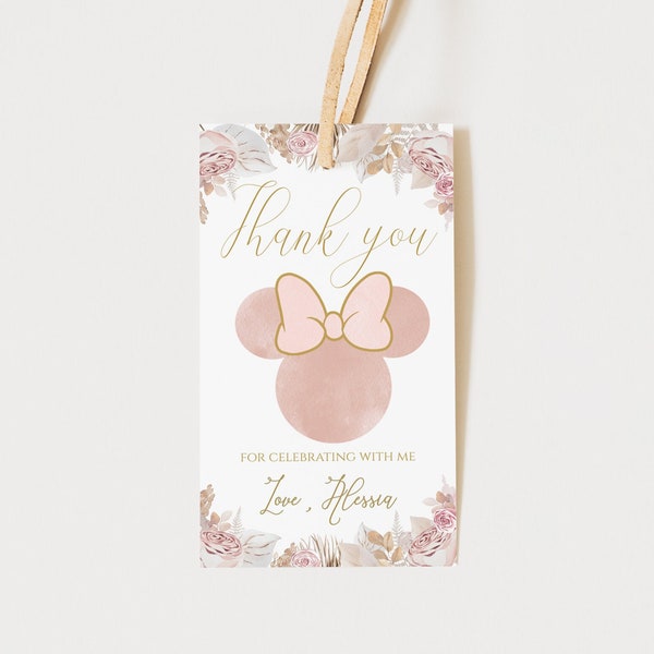 Boho Minnie Mouse Favor Tag Editable, Bohemian Minnie Birthday Favors, Floral Minnie Blush Printable Party Decor Gift Tag Instant [BM]