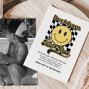 TWO Rad Invitation, Smiley Face Birthday Invitation Editable, Retro Boy 2nd Birthday Party Invite, Emoji Birthday Invite Instant