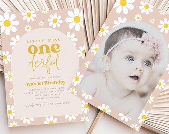 Little Miss ONEderful Birthday Invitation, Pink Daisy 1st Birthday Invite, Groovy First Birthday Invite, Girls 1st Birthday Instant [DAISY1]