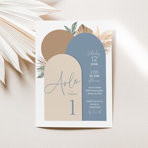 Boho Boy 1st Birthday Invitation Editable, Bohemian Blue Rust Dried Palm Leaves Boy Birthday Invitation Template Neutral Arch Pampas