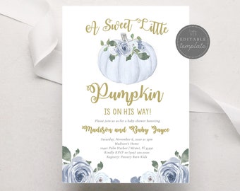 Pumpkin Boy Baby Shower Invitation, Printable Pumpkin Baby Shower Invite, Blue Little Pumpkin On The Way Template Instant Download [99]