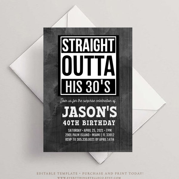 His 40th Birthday Invitation Editable Printable, Straight Outta His 20's 30's 40th Birthday Invitation Dirty Thirty Birthday Invitation