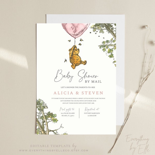 Baby Shower by Mail Template, Winnie the Pooh Social Distancing Shower Invite, Pink Girl Editable Text Instant Download Templett [91]