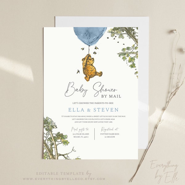 Baby Shower by Mail Template, Winnie the Pooh Social Distancing Shower Invite, Blue Boy Editable Text Instant Download Templett [91]