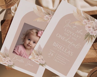 Isn't She Lovely Isn't She Onederful Invite, Boho Girl 1st Birthday Invitation, Pampas Floral First Birthday Template Instant ISL