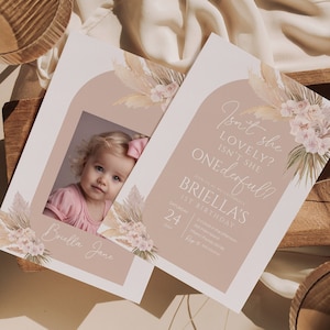 Isn't She Lovely Isn't She Onederful Invite, Boho Girl 1st Birthday Invitation, Pampas Floral First Birthday Template Instant ISL