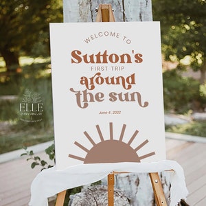 Boho First Trip Around the Sun Welcome Sign, Editable Sun Printable Sign, Neutral Boy 1st Birthday Party Welcome Poster Instant [HCS]