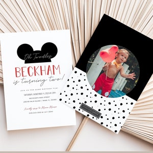 Modern Mickey Birthday Invitation Editable, Red Black Mickey Birthday with Photo, Vintage Mickey Hat Invite Party Decor 2nd Birthday [MM2]