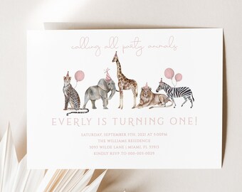 Pink Party Animals Birthday Invitation Editable, Girl Safari Animals Birthday Party Invite, Wild ONE Wild Three Birthday Printable [PPA]