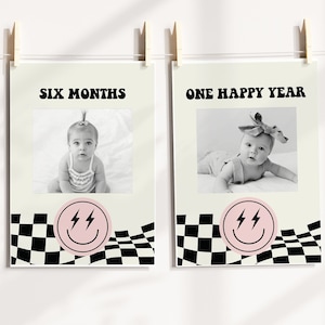 ONE Happy Babe Birthday Milestone Banner Editable, Retro Girls Pink Smiley Monthly Photo Banner, Checkered First Birthday Party Decor [HBP]