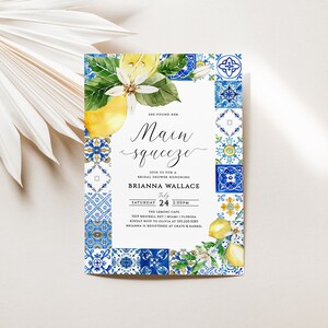 Mediterranean Lemon Bridal Shower Invitation Editable Template, Blue Tiles Lemon Birthday Invitation, Main Squeeze Bridal Invite [78]