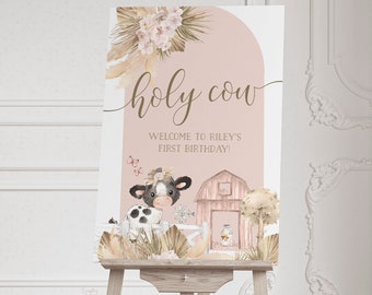 Holy Cow Birthday Welcome Sign Editable, Editable Floral Cow Birthday Printable Sign, Boho Barnyard Farm Party Printables Decorations [HC1]