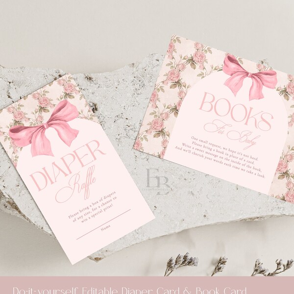 Love Shack Baby Shower Book Card Diaper Card Set, Editable Vintage Pink Bow Baby Girl Shower, Rose Floral Shabby Chic Baby Shower DIY [182]