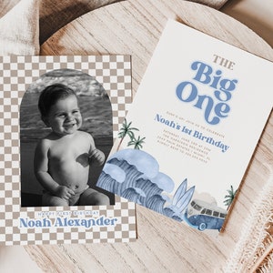 Surf Big One Birthday Invite, Editable Blue Tan Checkered Retro First Birthday Party Shaka, Neutral Cool Boy Summer Beach Invitation [563]