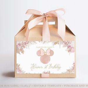 Boho Minnie Mouse Gable Box Label Editable, Bohemian Minnie Birthday Favors, Floral Minnie Blush Printable Party Decor Instant Download [BM]
