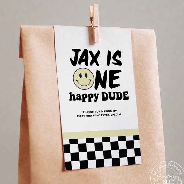 Smiley Face 1st Birthday Favor Tag Editable, Boy ONE Happy Dude Thank You Tag Checkered Retro Black, First Emoji Birthday Party [OHDC]