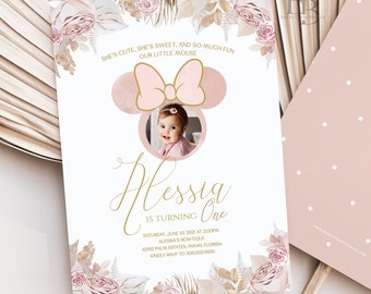 Boho Minnie Mouse 1st Birthday Invitation Editable, Bohemian Minnie Birthday Invite with Photo, Floral Minnie Blush Pink Gold Party [BM]