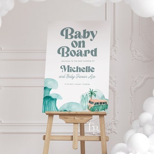 Baby on Board Welcome Sign Editable, Surf Baby Shower Printable Sign, Beach Surfing Baby Shower Party Decor DIY Instant [BOB]
