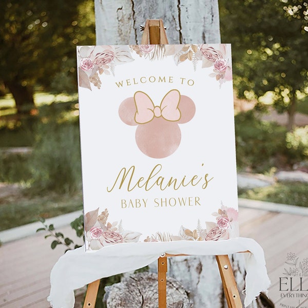Boho Minnie Mouse Baby Shower Welcome Sign Editable, Bohemian Minnie Girl Shower, Floral Minnie Blush Pink Gold Instant Printable [MBS]
