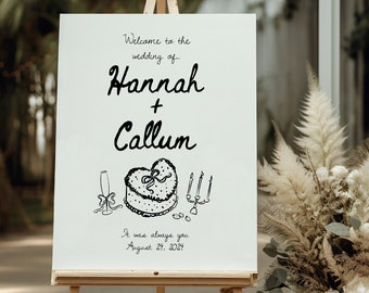 French Style Wedding Sign, Editable Handwritten Wedding Template, Champagne Cake Welcome Sign, Hand Drawn Scribble Illustrations | 101