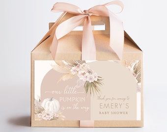 Pumpkin Gable Favor Box Label Editable Baby Shower, Boho Pumpkin Fall Blush Baby Shower Little Pumpkin Bohemian Neutral Pink Arch Favor [41]