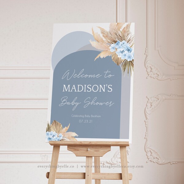 Blue Pampas Grass Baby Shower Printable Sign, Boy Editable Dusty Blue Baby Shower, Boho Dusty Blue Welcome Sign Shower Instant Template [56]