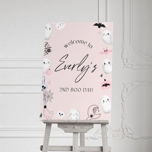 Two Spooky Birthday Welcome Sign Editable, Pink Halloween 2nd Birthday Party Printable Sign, Our Little Boo DIY Party Decor [A2]