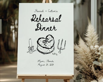 French Style Rehearsal Dinner Sign, Handwritten Champagne Vintage Cake Welcome Sign, Hand Drawn Scribble Illustrations Dinner Party | 101