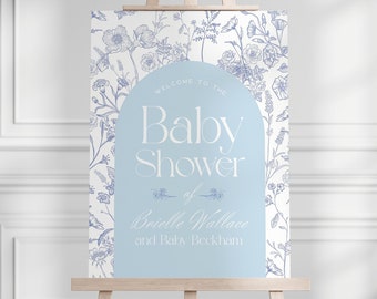 Blue French Toile Baby Shower Welcome Sign, Editable Vintage Baby Blue Boy Shower, Chinoiserie Blue Baby Shower Printable Poster [191]