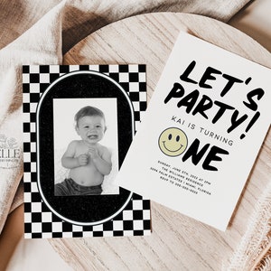 Checkered Smiley Face 1st Birthday Invitation Editable, Retro Black Let's Party Boys First Birthday Invite, Emoji Instant Template [LP]
